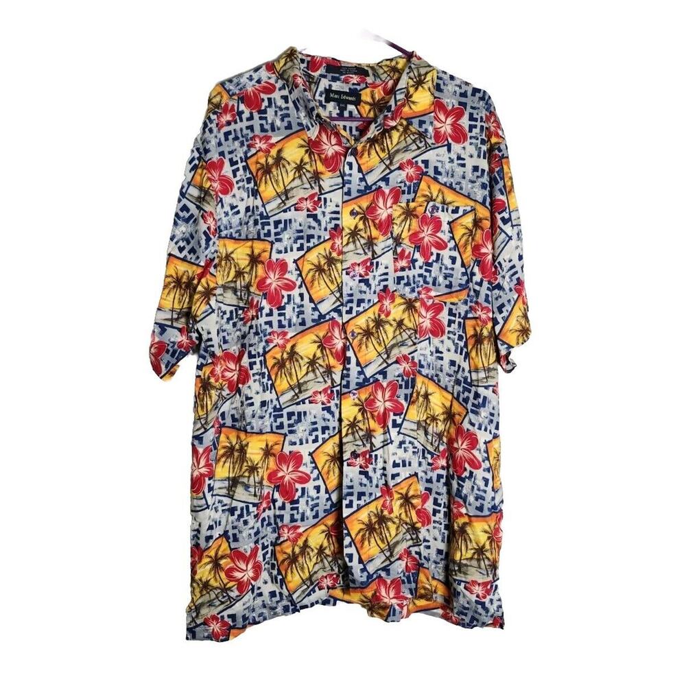 Marc Edwards‎ Hawaiian Shirt Size XXL Tropical Postcard Palm Tree Yellow Blue
